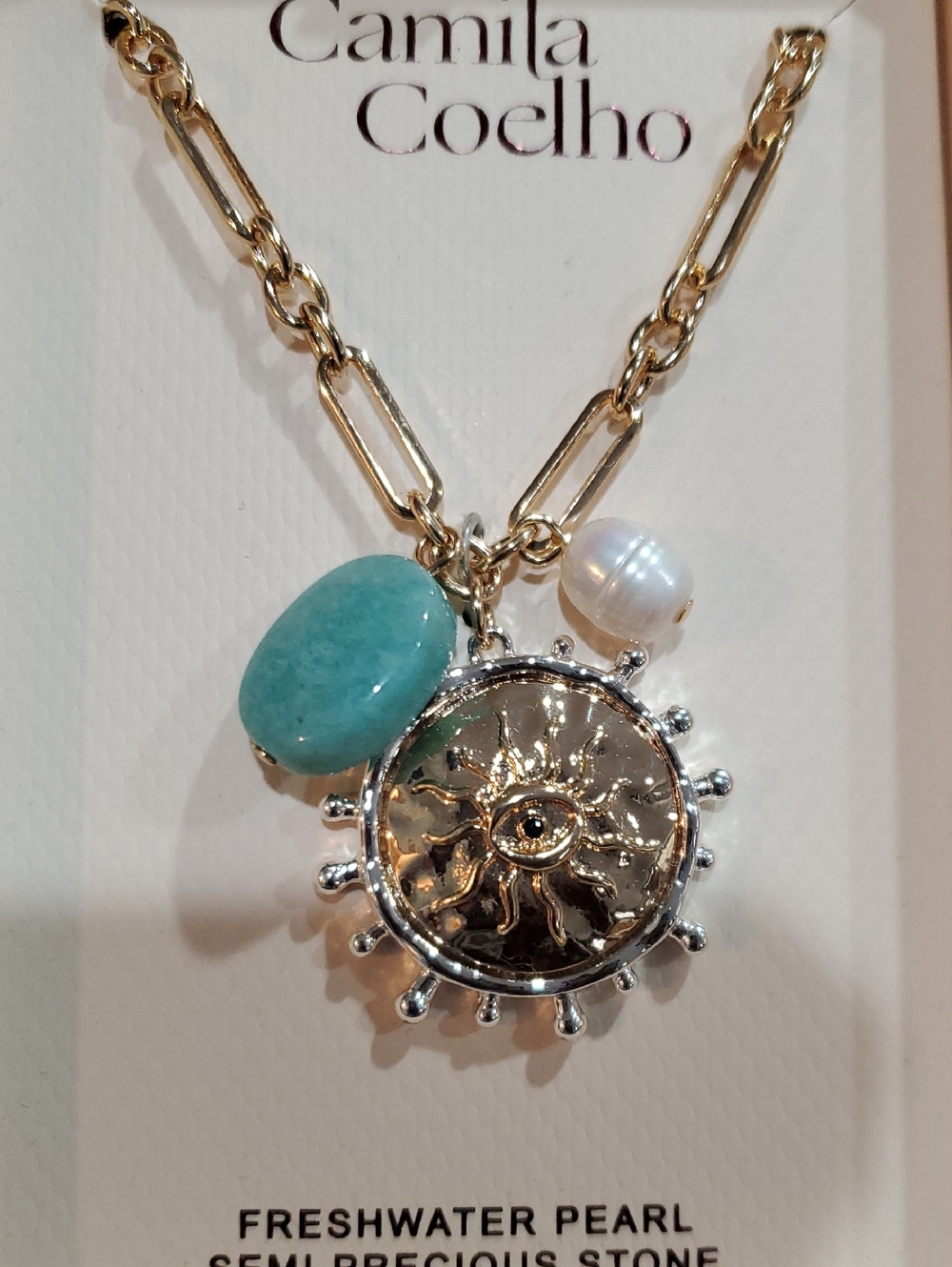 Camila Coelho turquoise stone freshwater pearl gold tone sun pendant‎ necklace